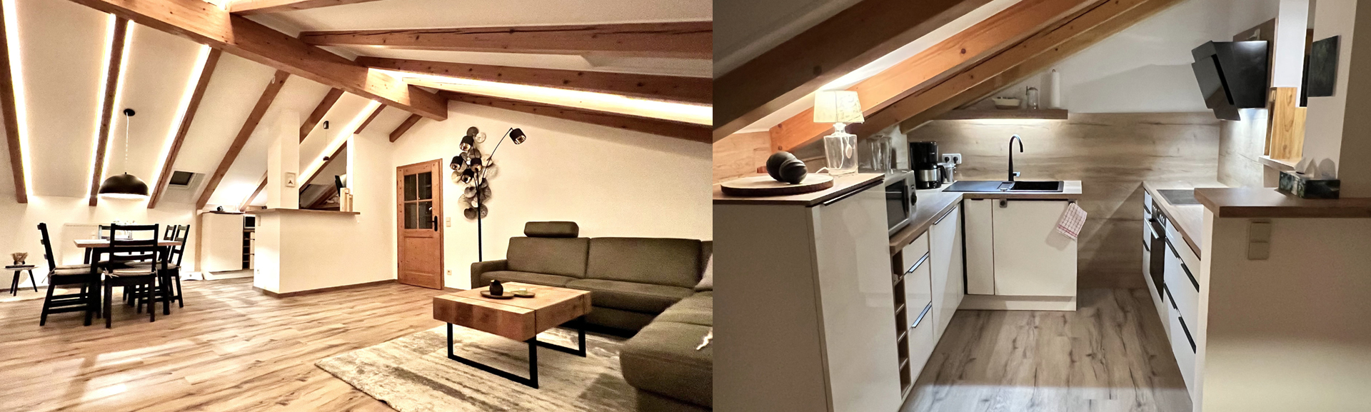 großes Wohnzimmer mit Essbereich und offener Küche